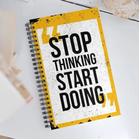 The text reads "STOP THINKING START DOING" in bold, black letters