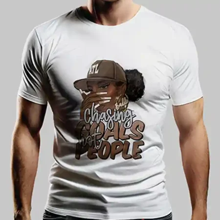 A man wearing a white T-shirt with a graphic